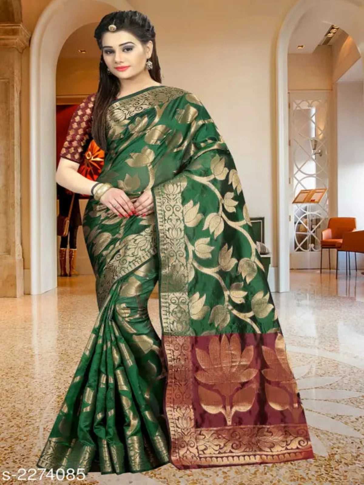 Banarasi Banarasi Silk Green Jaquard Saree With Blouse - OrderMeFirst