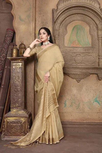 Banarasi Linen Solid Zari work Border Saree With Unstitched Blouse Piece - OrderMeFirst