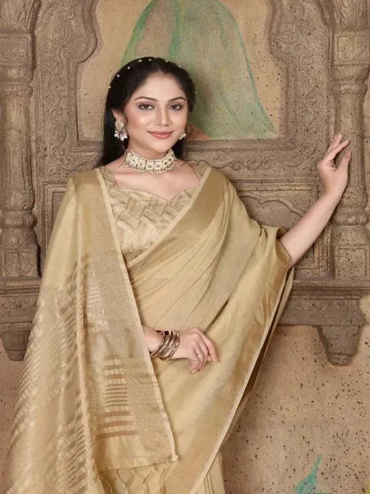 Banarasi Linen Solid Zari work Border Saree With Unstitched Blouse Piece - OrderMeFirst