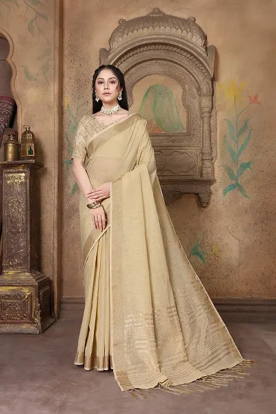Banarasi Linen Solid Zari work Border Saree With Unstitched Blouse Piece - OrderMeFirst