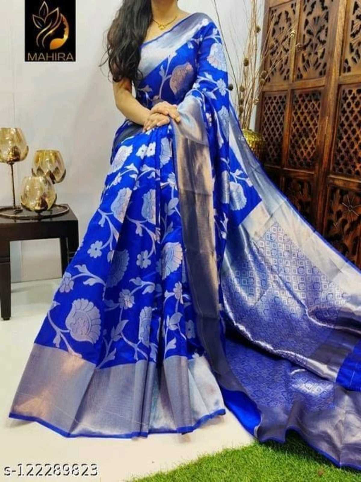 Banarasi Silk Aqua Blue Jacquard Saree With Blouse - OrderMeFirst