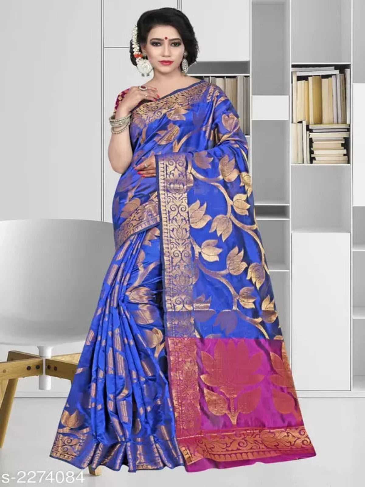 Banarasi Silk Blue Jaquard Saree With Blouse - OrderMeFirst