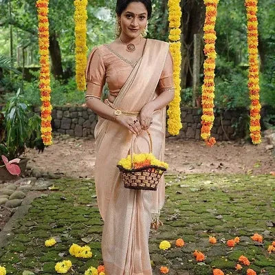 Buy Beige Kanjeevaram Silk Saree For Women - OrderMeFirst
