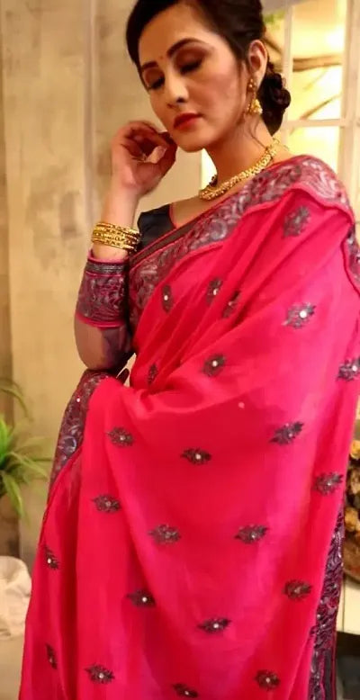 Buy Pink half and half net Latest Designs Embroidered Sarees - OrderMeFirst