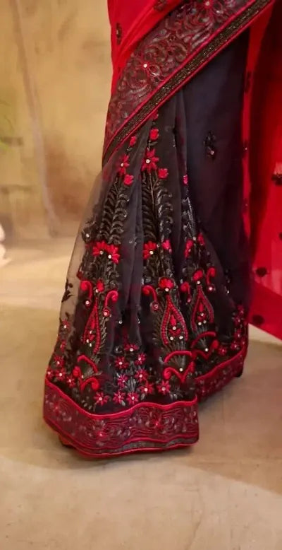 Buy Pink half and half net Latest Designs Embroidered Sarees - OrderMeFirst