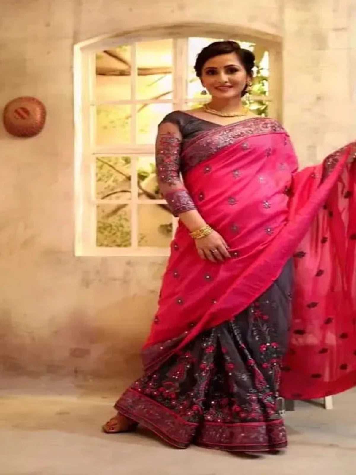 Buy Pink half and half net Latest Designs Embroidered Sarees - OrderMeFirst