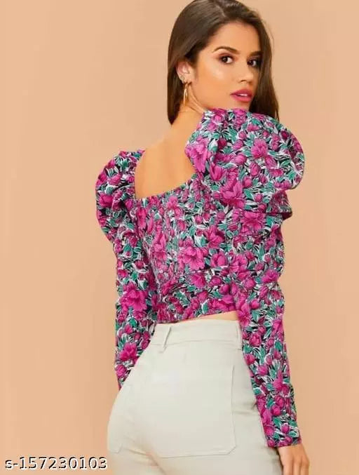 Casual Polyester Blend SweetHeart Neck Puff Sleeves Top - OrderMeFirst