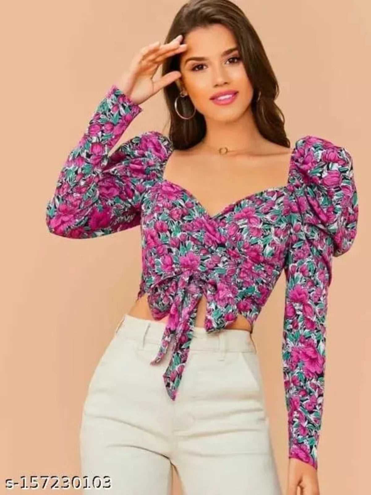 Casual Polyester Blend SweetHeart Neck Puff Sleeves Top - OrderMeFirst