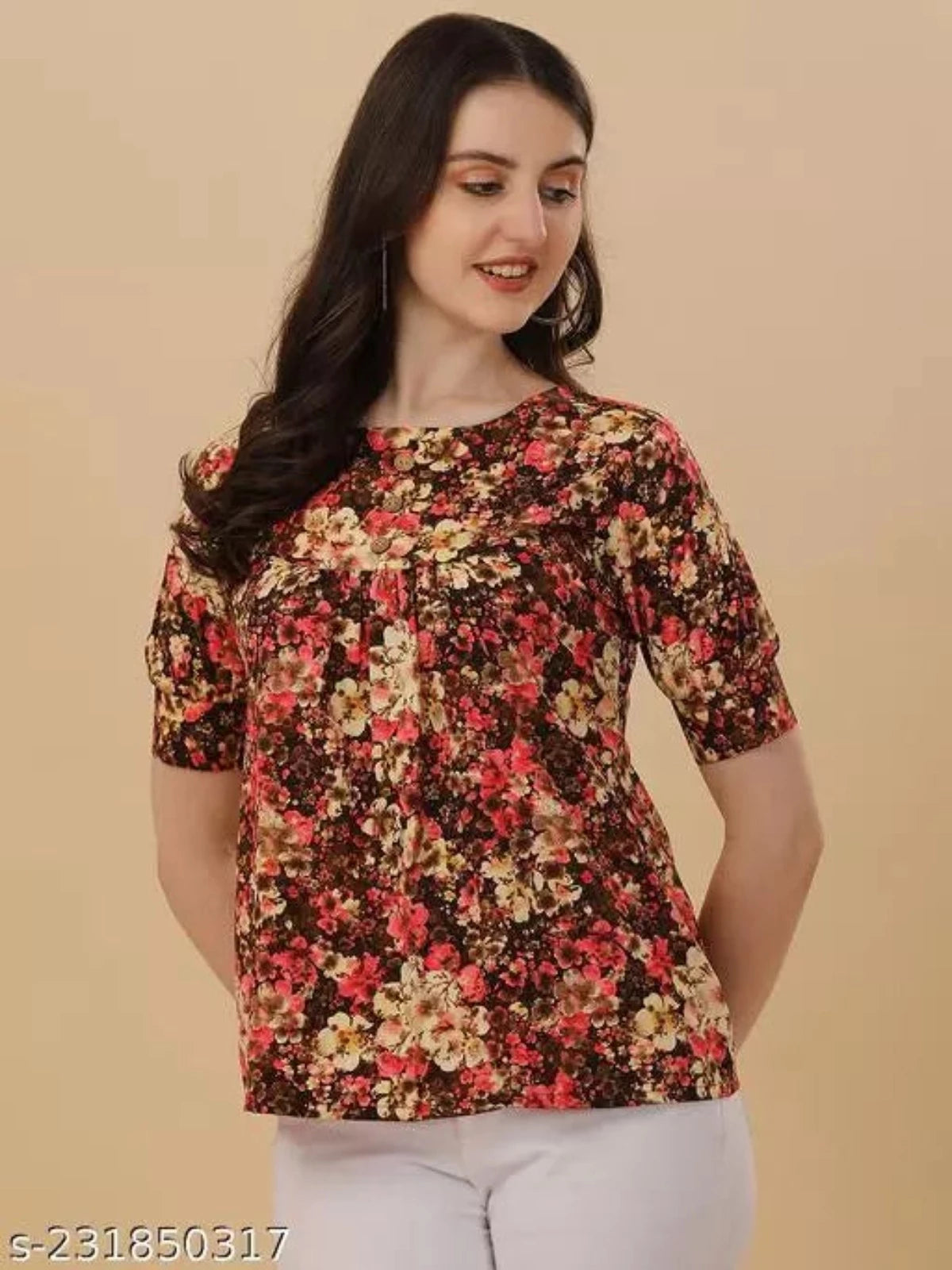 Coffee and Pink Crepe Western Top for Women - OrderMeFirst
