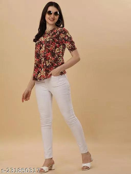 Coffee and Pink Crepe Western Top for Women - OrderMeFirst