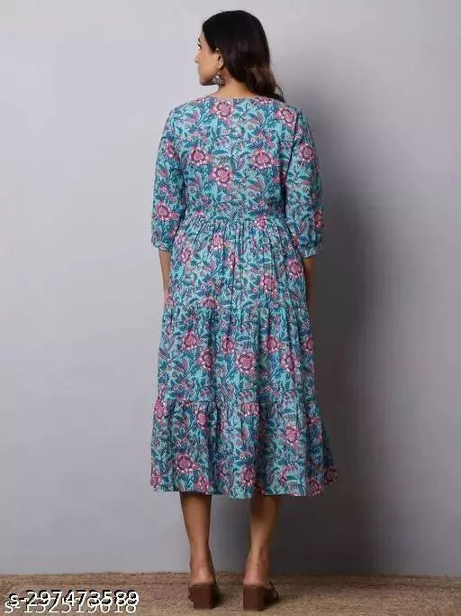 Cotton Turquoise Floral Print Anarkali Gown - OrderMeFirst