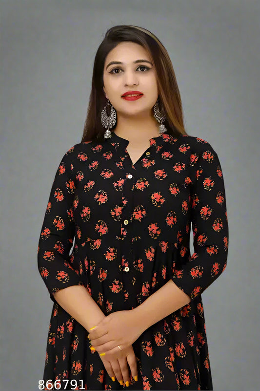 Flared Printed Anarkali gown in Dark Blue - OrderMeFirst