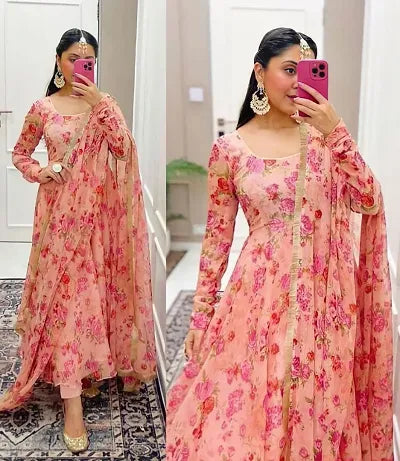 Floral Printed Anarkali Type Gown - OrderMeFirst