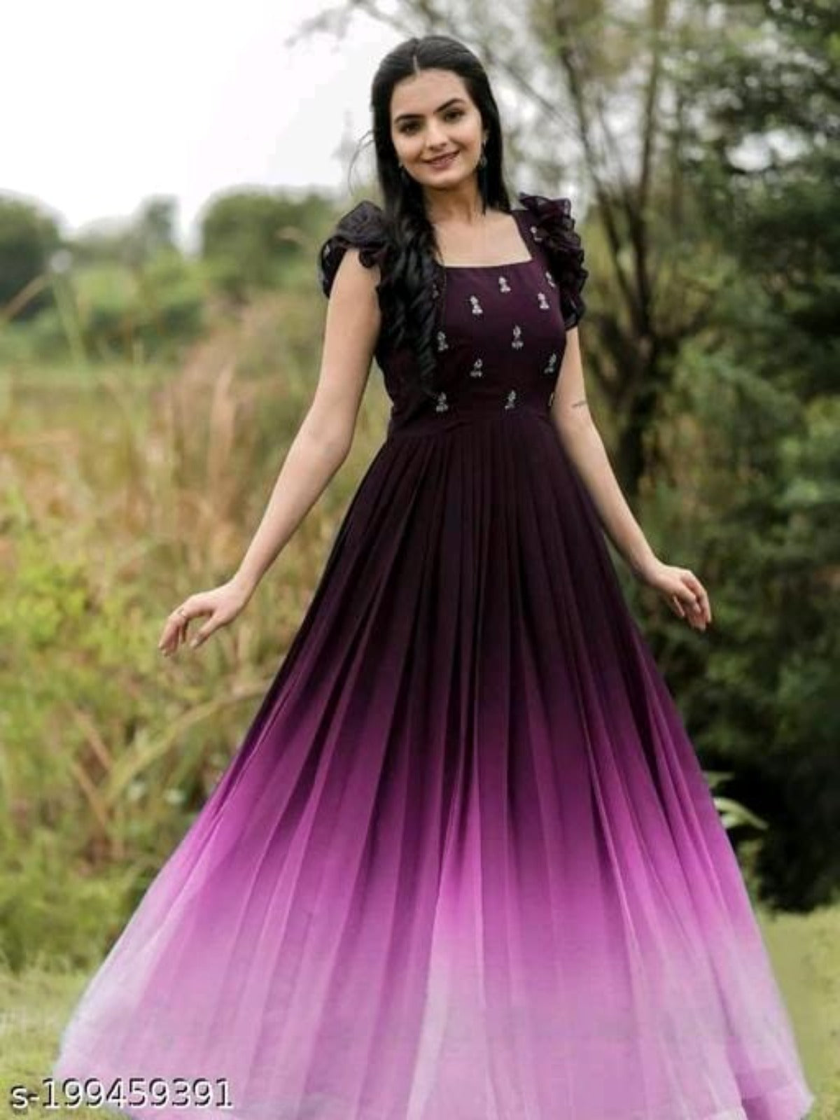 Georgette Embroidery Ombre Print Gown - OrderMeFirst