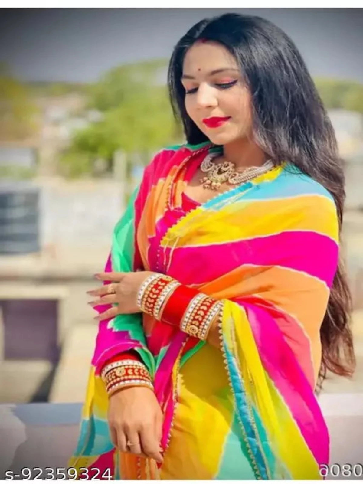 Leheriya Festival Georgette Multicolor Lace border Saree With Blouse - OrderMeFirst