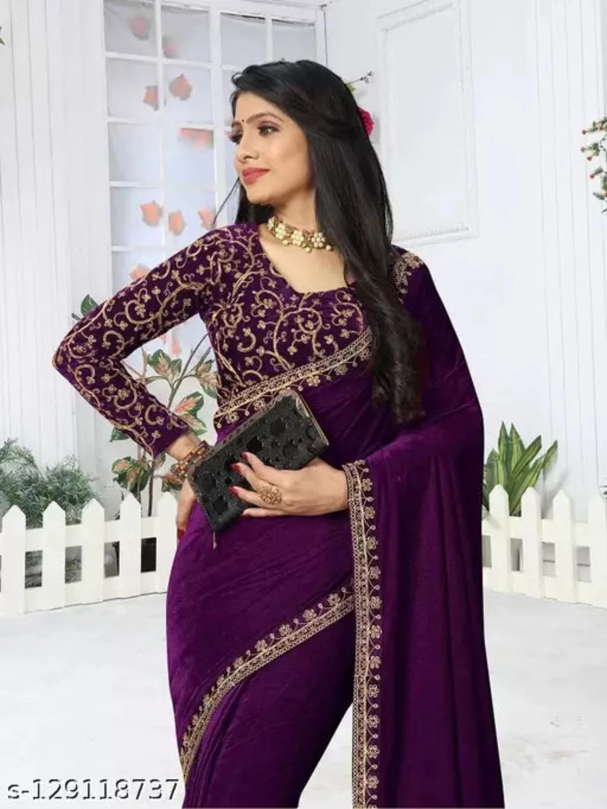 New Women's Wedding Fashion Velvet Silk Saree - OrderMeFirst