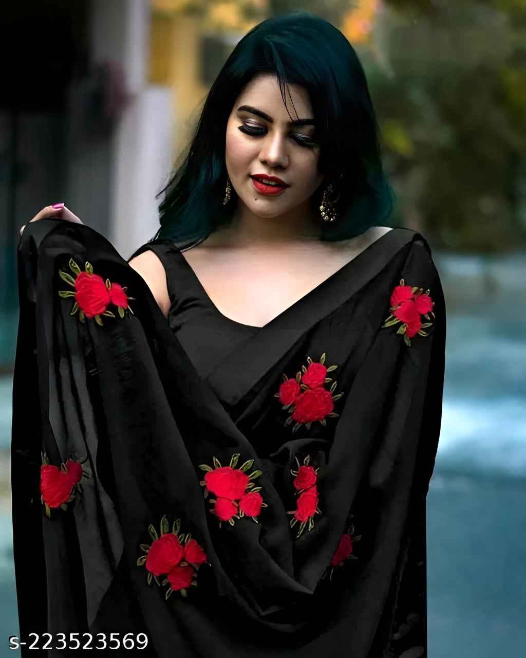 Party Wear Black Color Georgette Chiffon Silk Saree