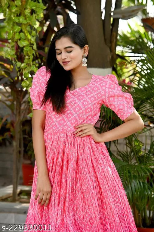 Pink Muslin Crochet and Bandhej Digital Printed Gown - OrderMeFirst