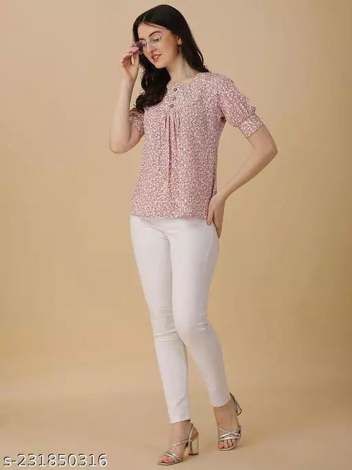 Pink and White Crepe Western Top for women - OrderMeFirst