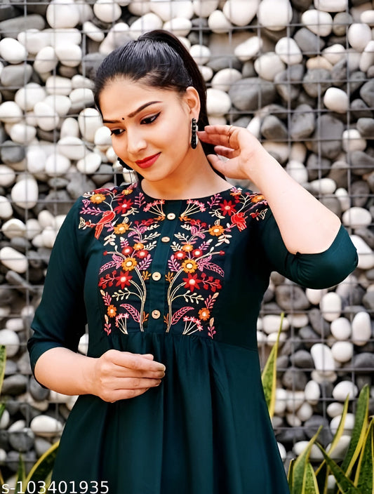 Rayon Anarkali Dark Green Embroidered Kurti for women - OrderMeFirst