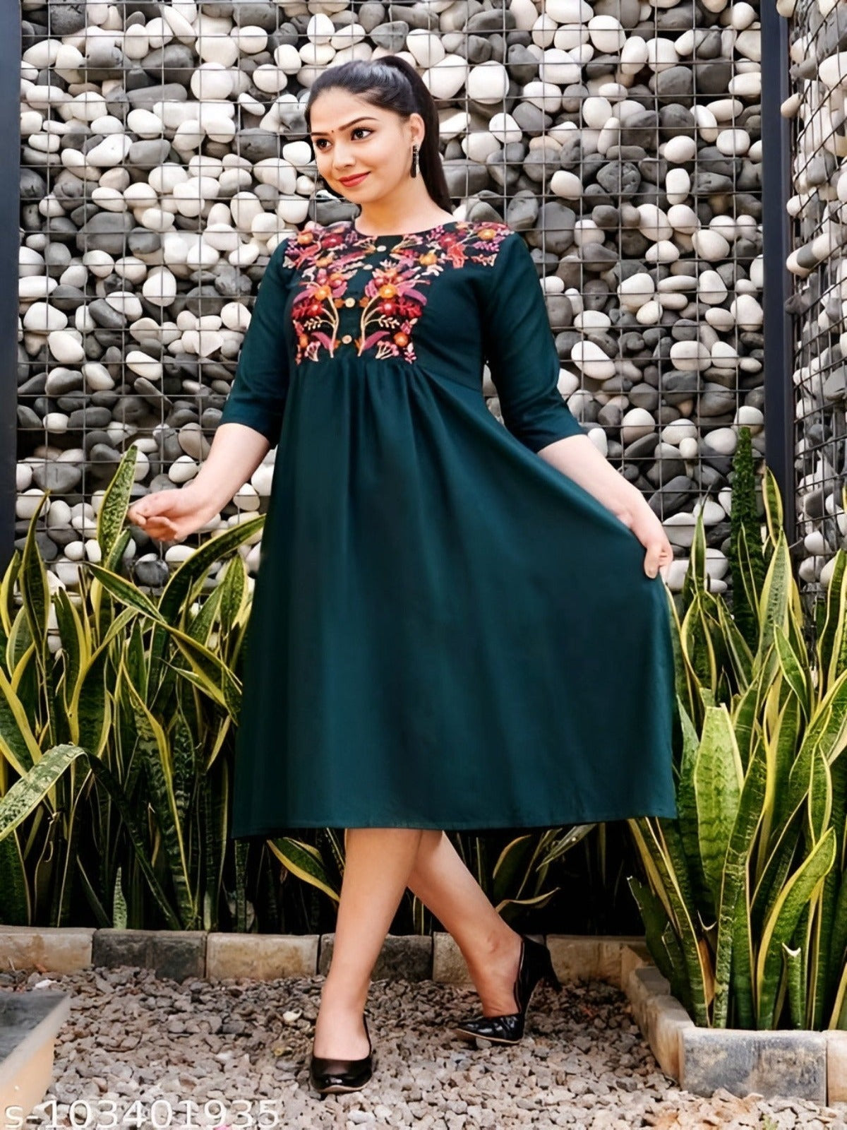 Rayon Anarkali Dark Green Embroidered Kurti for women - OrderMeFirst