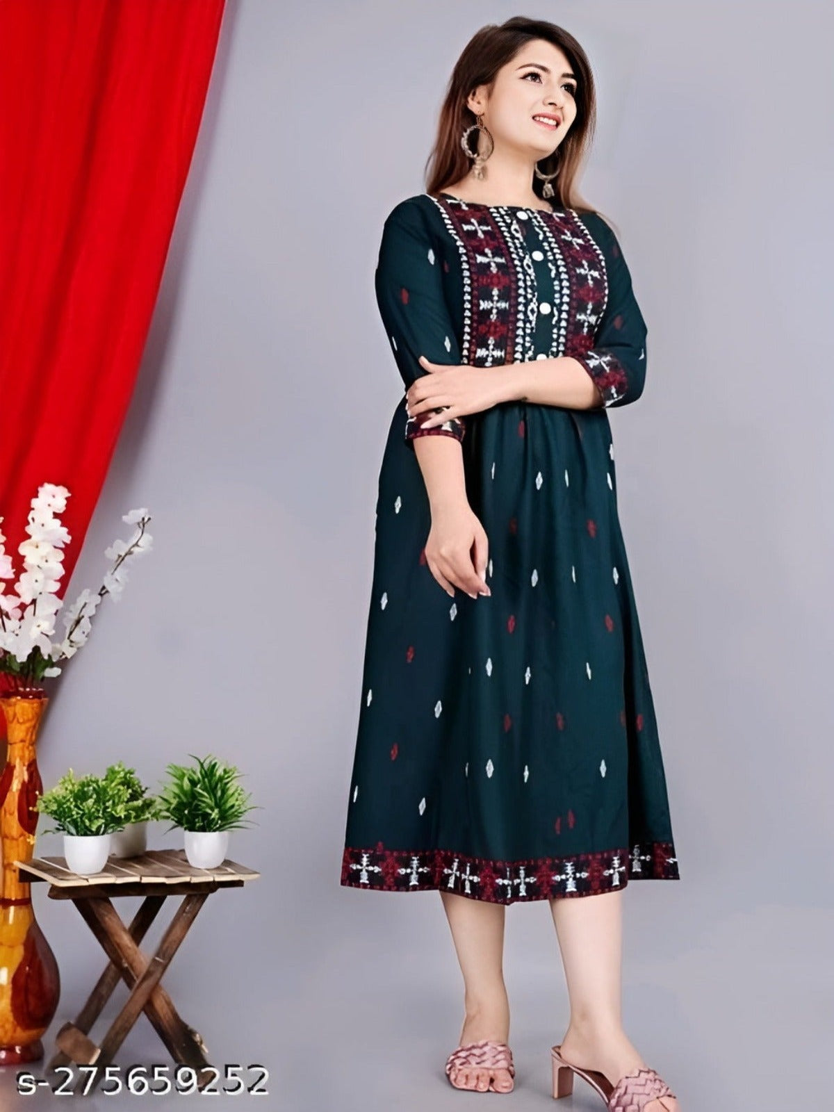 Rayon Anarkali Printed D-Green Kurti for women - OrderMeFirst