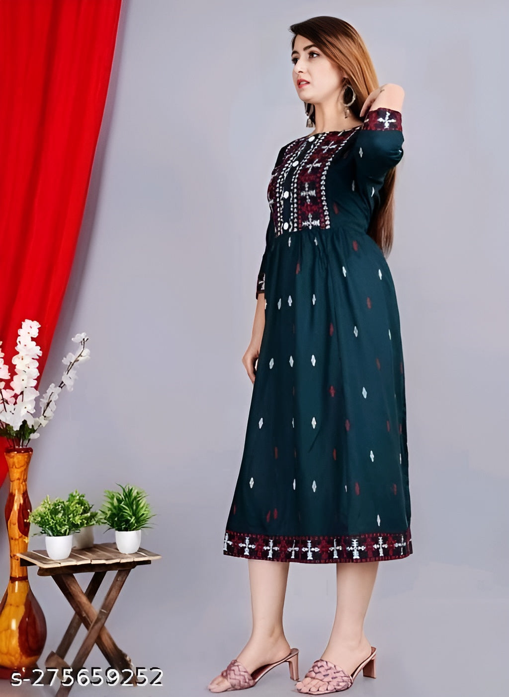 Rayon Anarkali Printed D-Green Kurti for women - OrderMeFirst