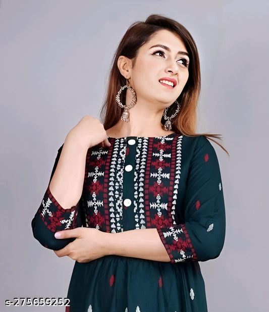 Rayon Anarkali Printed D-Green Kurti for women - OrderMeFirst