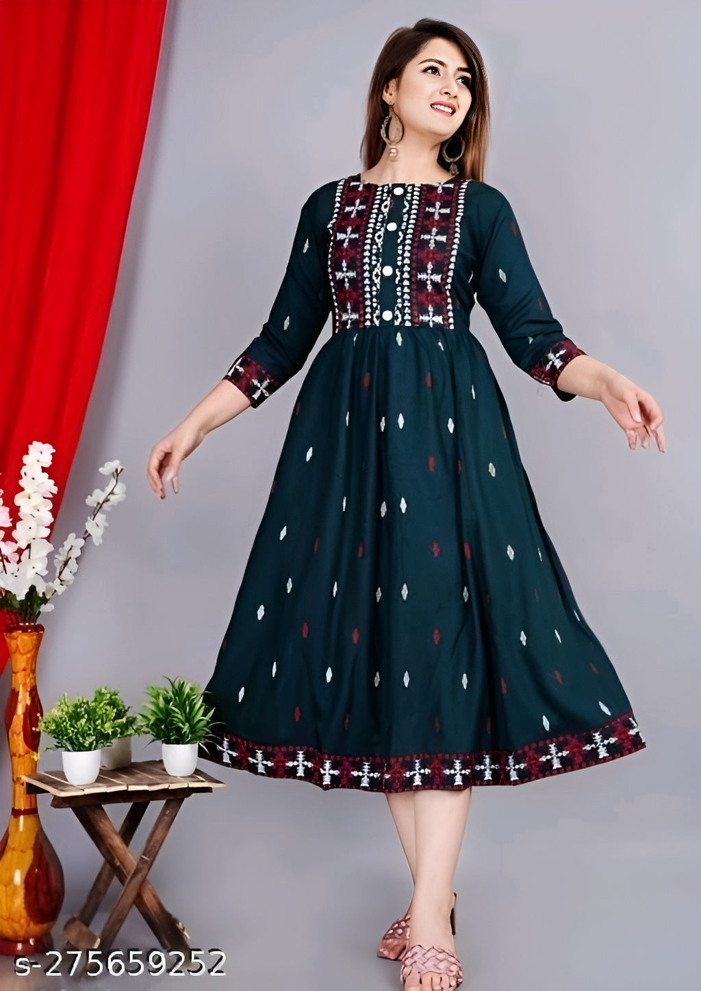 Rayon Anarkali Printed D-Green Kurti for women - OrderMeFirst