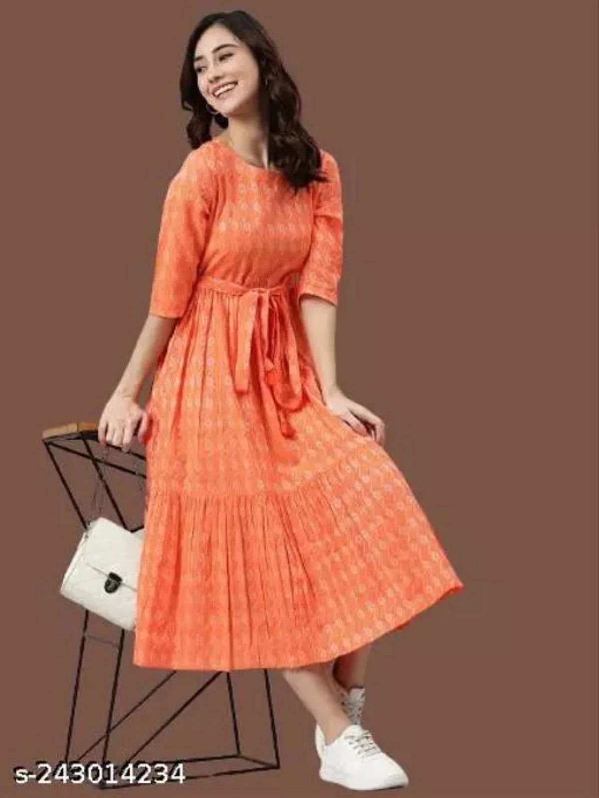 Rayon Printed Stylish Orange Kurti Dress For Women - OrderMeFirst