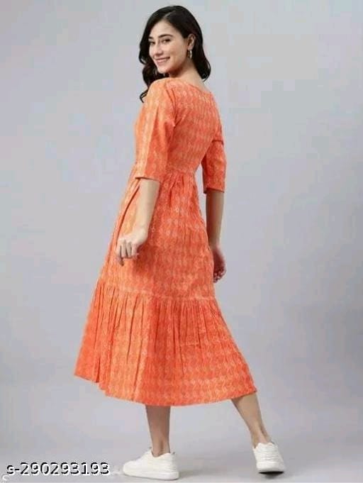 Rayon Printed Stylish Orange Kurti Dress For Women - OrderMeFirst