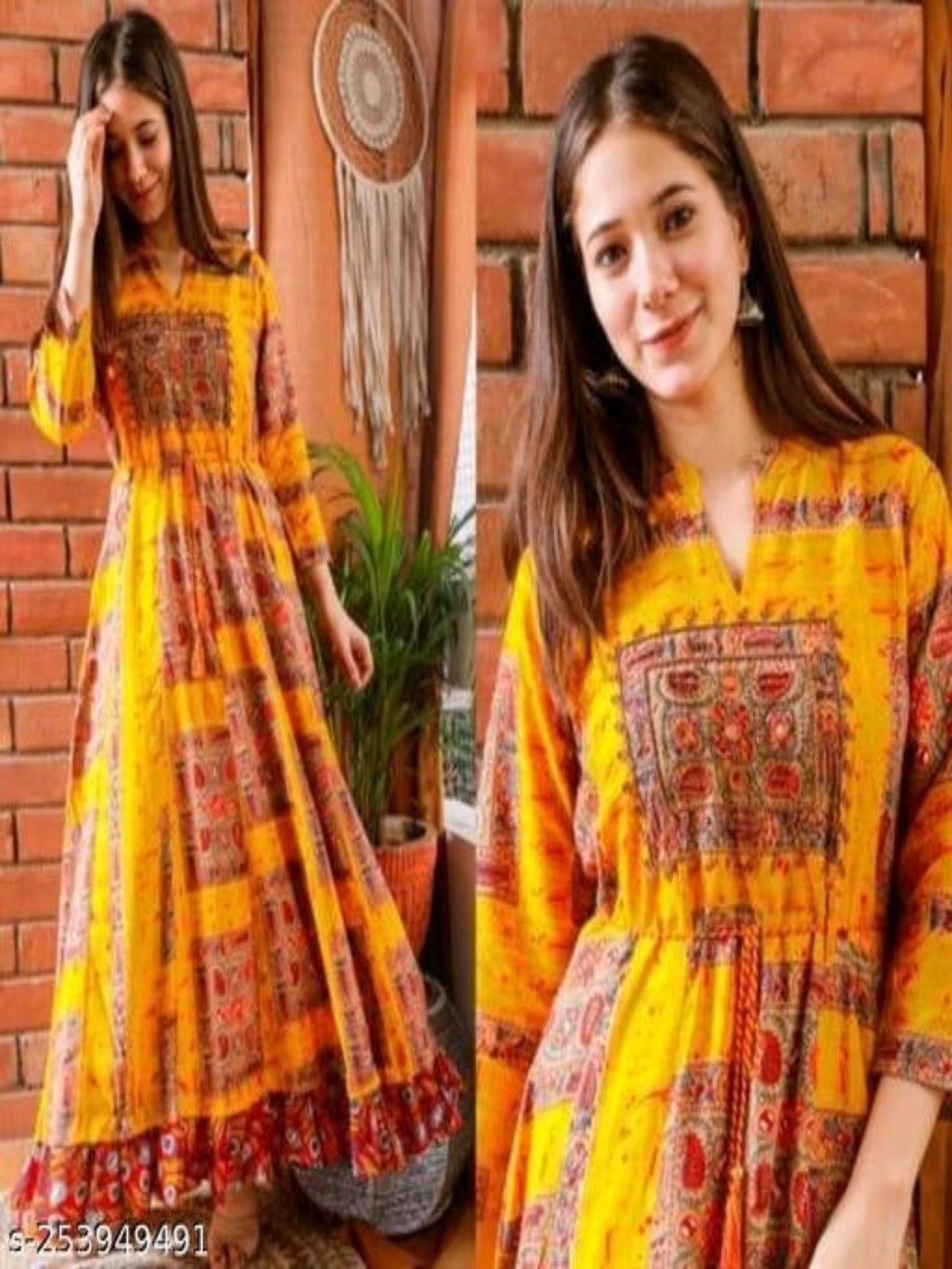 Rayon printed gown with embroidery work OrderMeFirst
