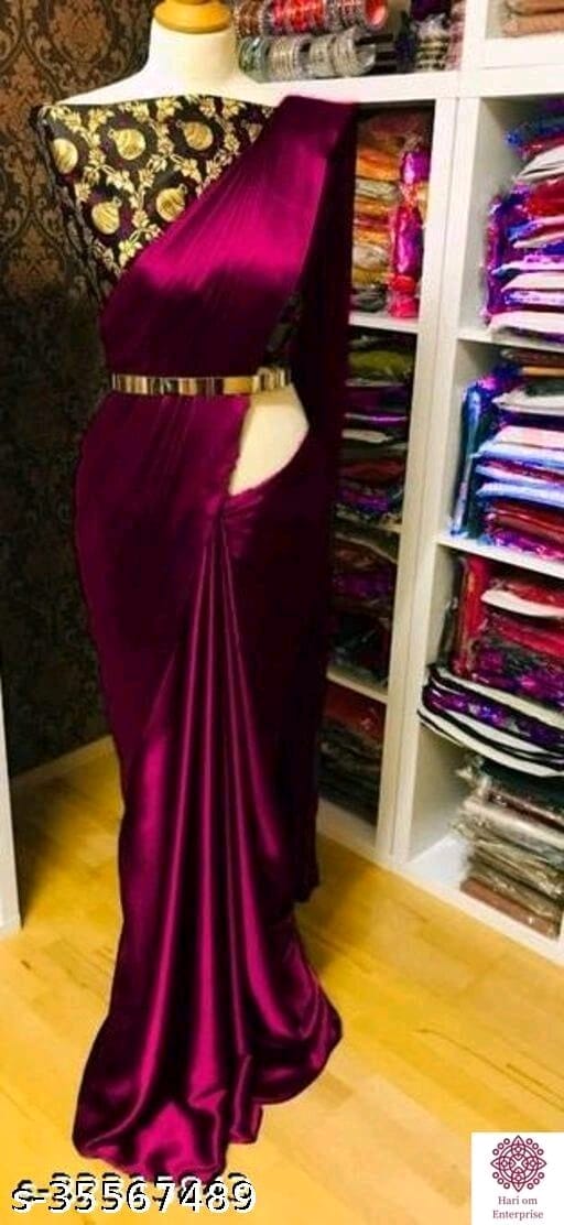 ShreeJi ETP Belt Style Satin Silk Teal Saree With Blouse - OrderMeFirst