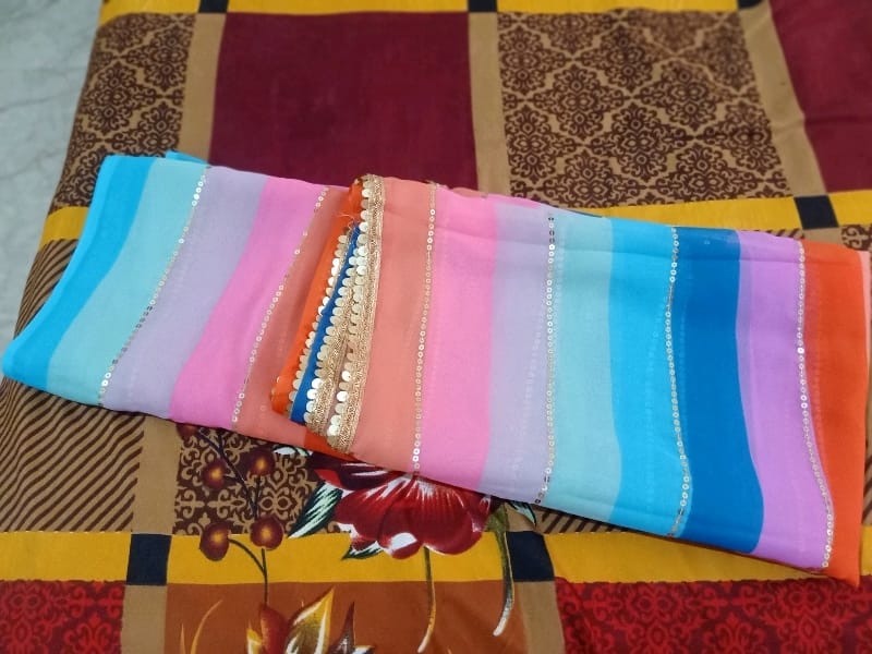 Striped Bollywood Georgette Sequence Digital Print Saree - OrderMeFirst