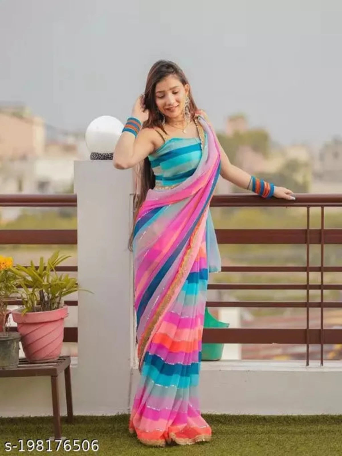 Striped Bollywood Georgette Sequence Digital Print Saree - OrderMeFirst