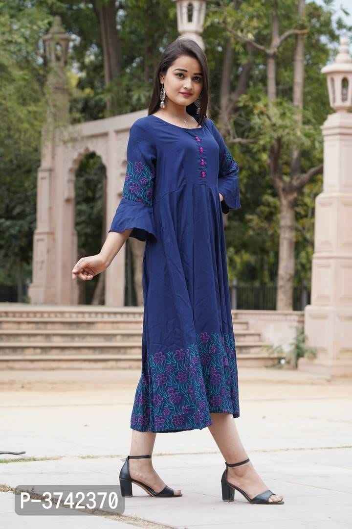 Stylish Navy Blue Rayon Anarkali Kurta