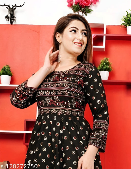 Stylish Rayon Printed Black women Kurtis - OrderMeFirst
