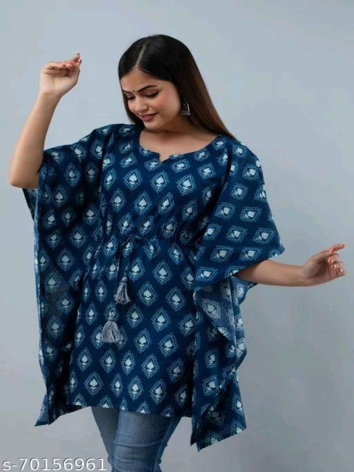Stylish Rayon Printed Indigo Kaftan Top