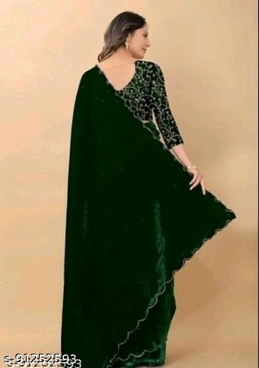 Velvet Green Cutwork Saree With Blouse - OrderMeFirst