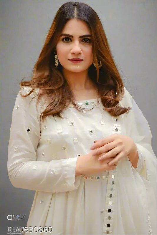 White Georgette With Mirror Work Gown Design - OrderMeFirst