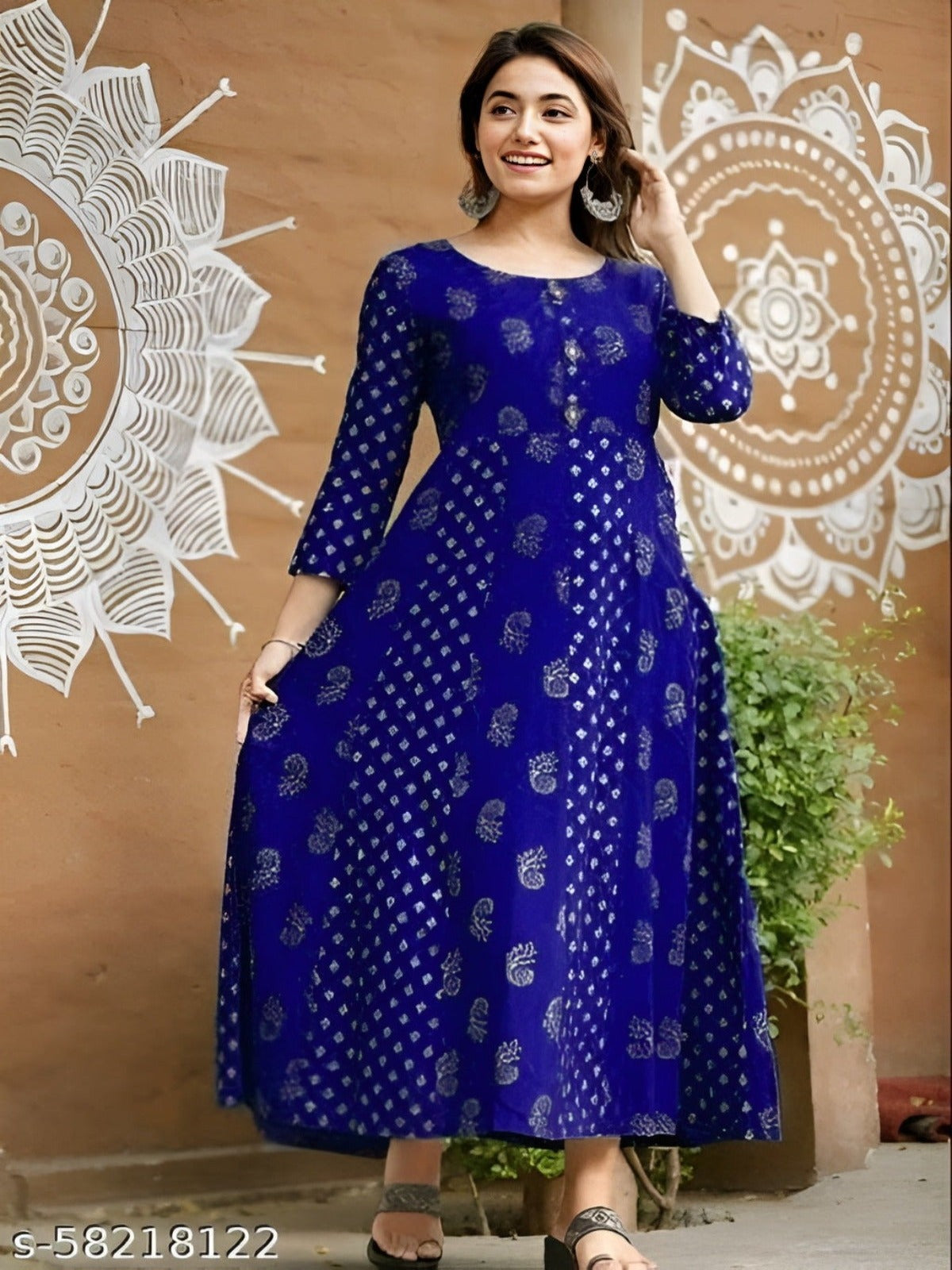 Woman Royal Blue Printed Anarkali Kurti - OrderMeFirst