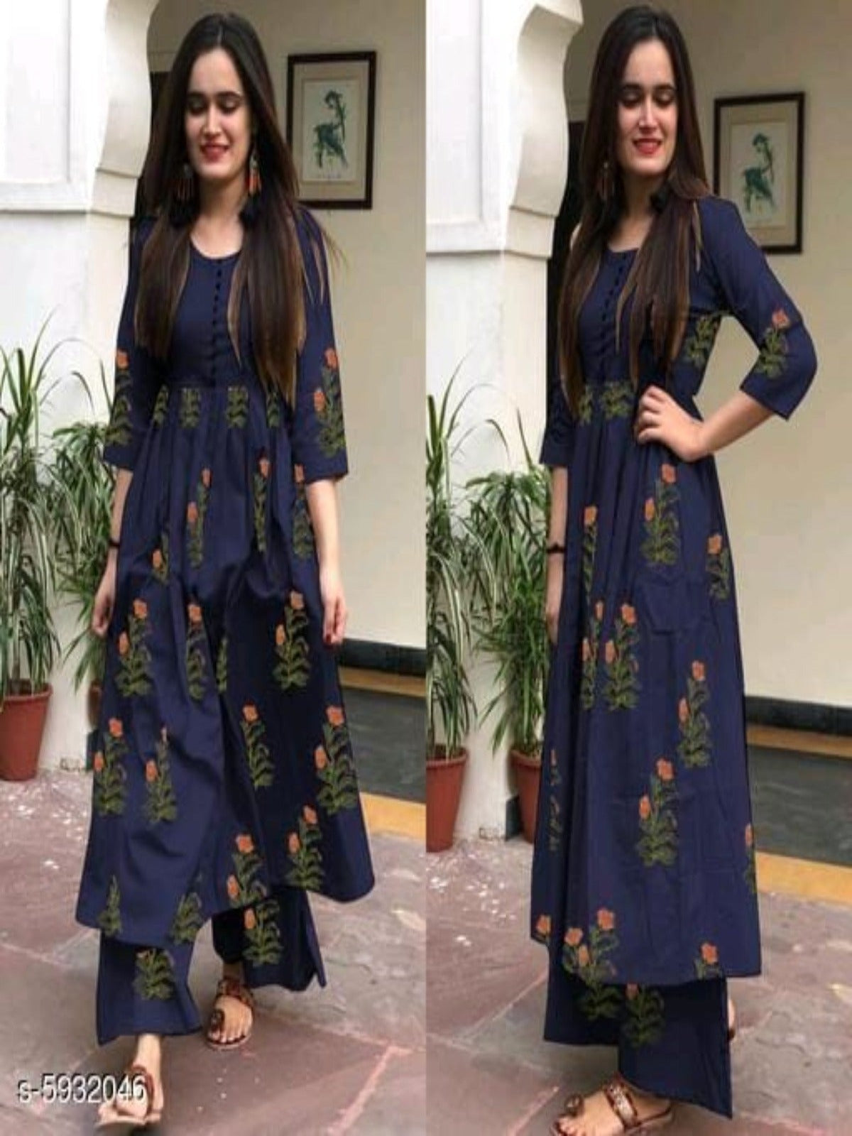 Women Cotton Empire Printed Long Kurti With Palazzos - OrderMeFirst