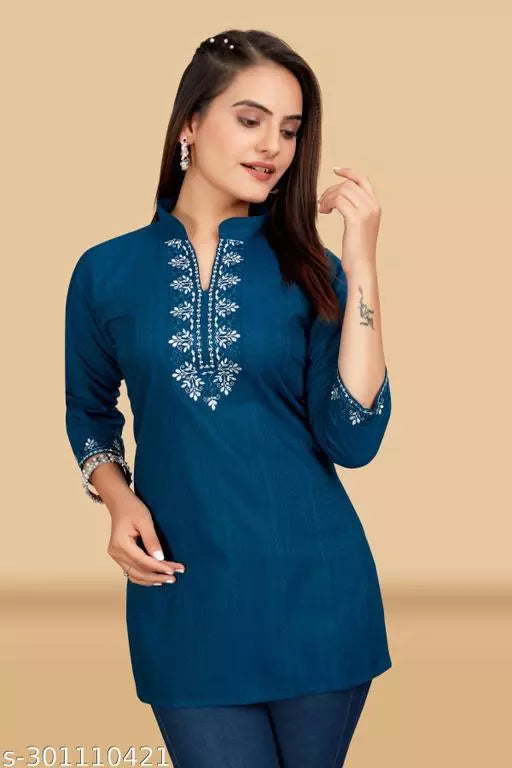 Women Embroidery Tale Blue Top - OrderMeFirst