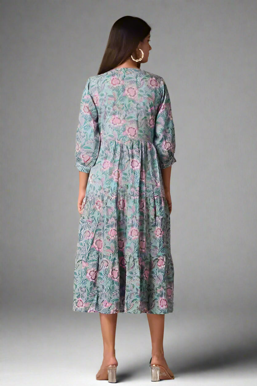 Women's Cotton Turquoise Floral Print Anarkali gown OrderMeFirst