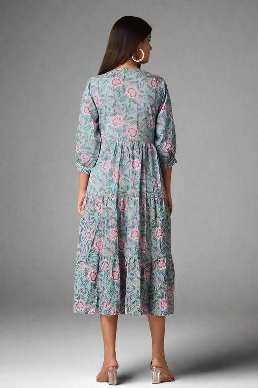 Women's Cotton Turquoise Floral Print Anarkali gown - OrderMeFirst