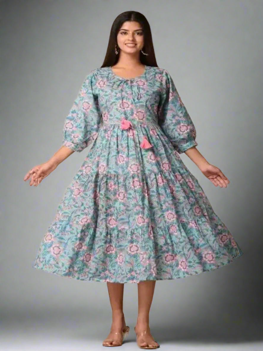 Women's Cotton Turquoise Floral Print Anarkali gown OrderMeFirst