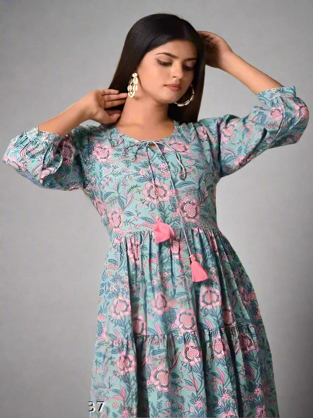 Women's Cotton Turquoise Floral Print Anarkali gown OrderMeFirst