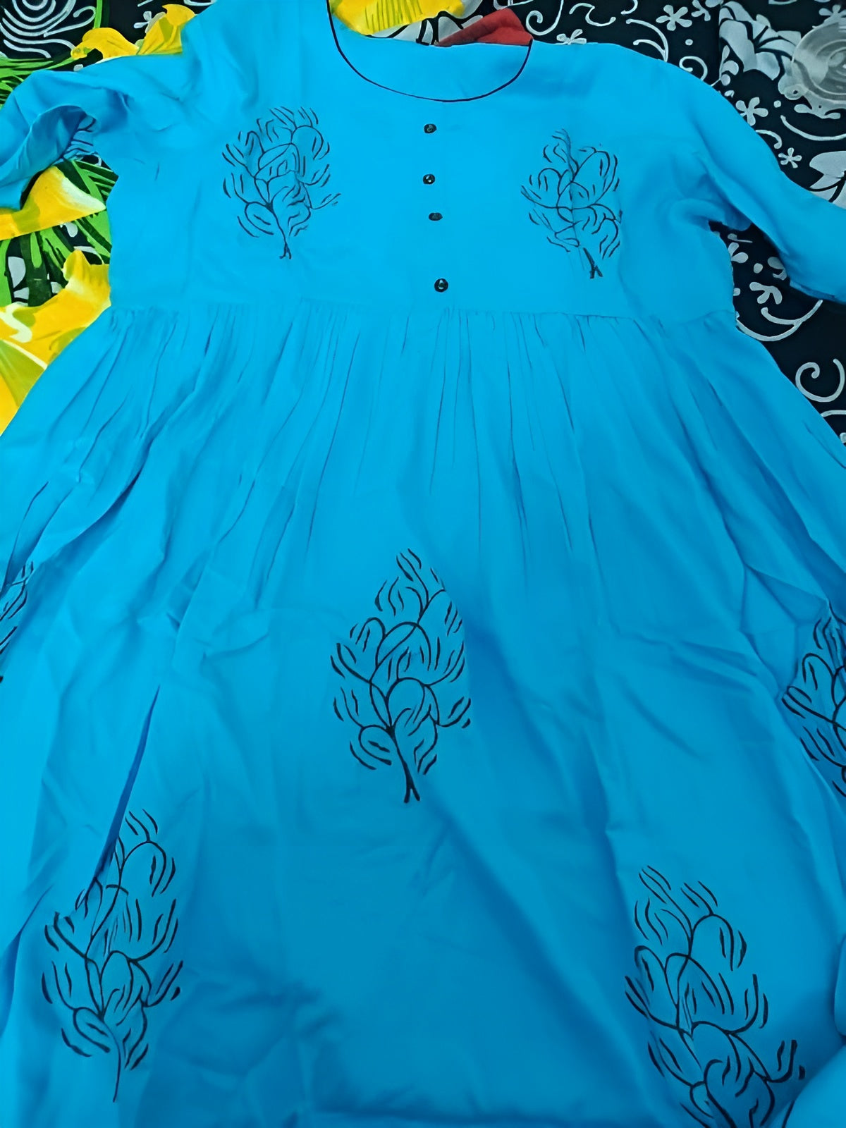 Women's Rayon Anarkali Hand Block Printed Sky Kurti - OrderMeFirst