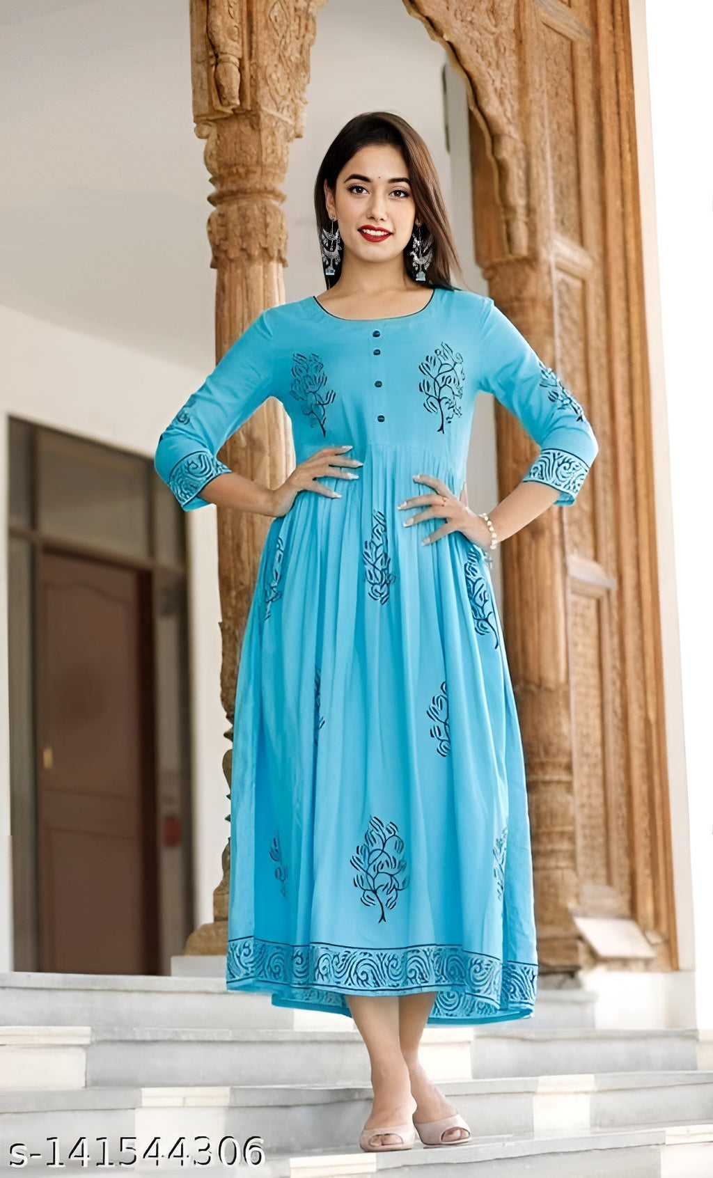Women's Rayon Anarkali Hand Block Printed Sky Kurti - OrderMeFirst