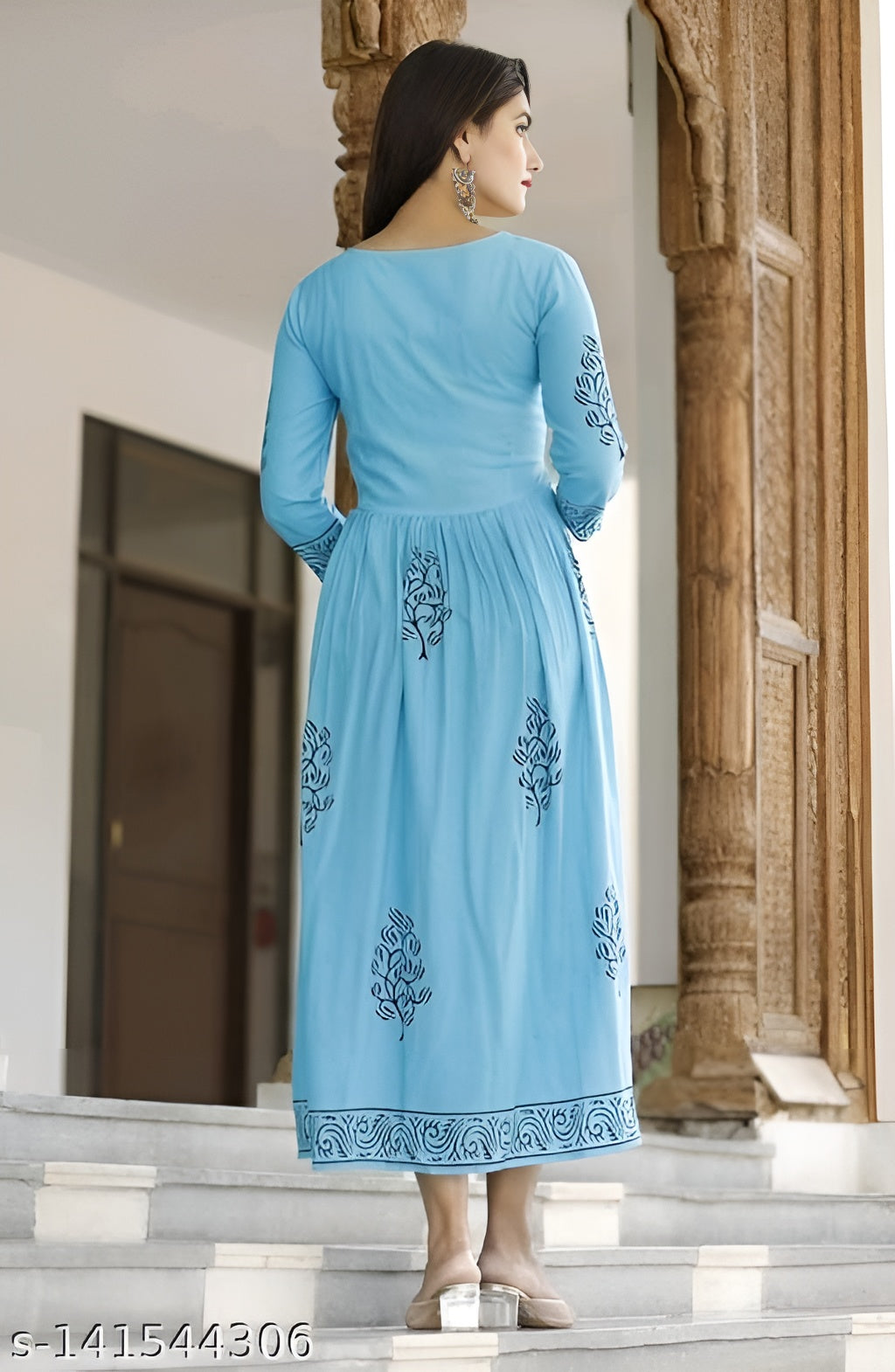 Women's Rayon Anarkali Hand Block Printed Sky Kurti - OrderMeFirst